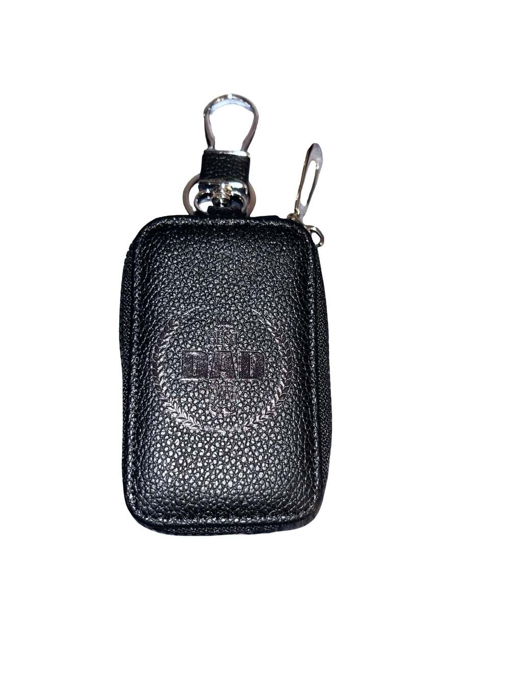 Best Dad Ever Embossed Black PU Leather Zippered Car Key Fob Holder Case